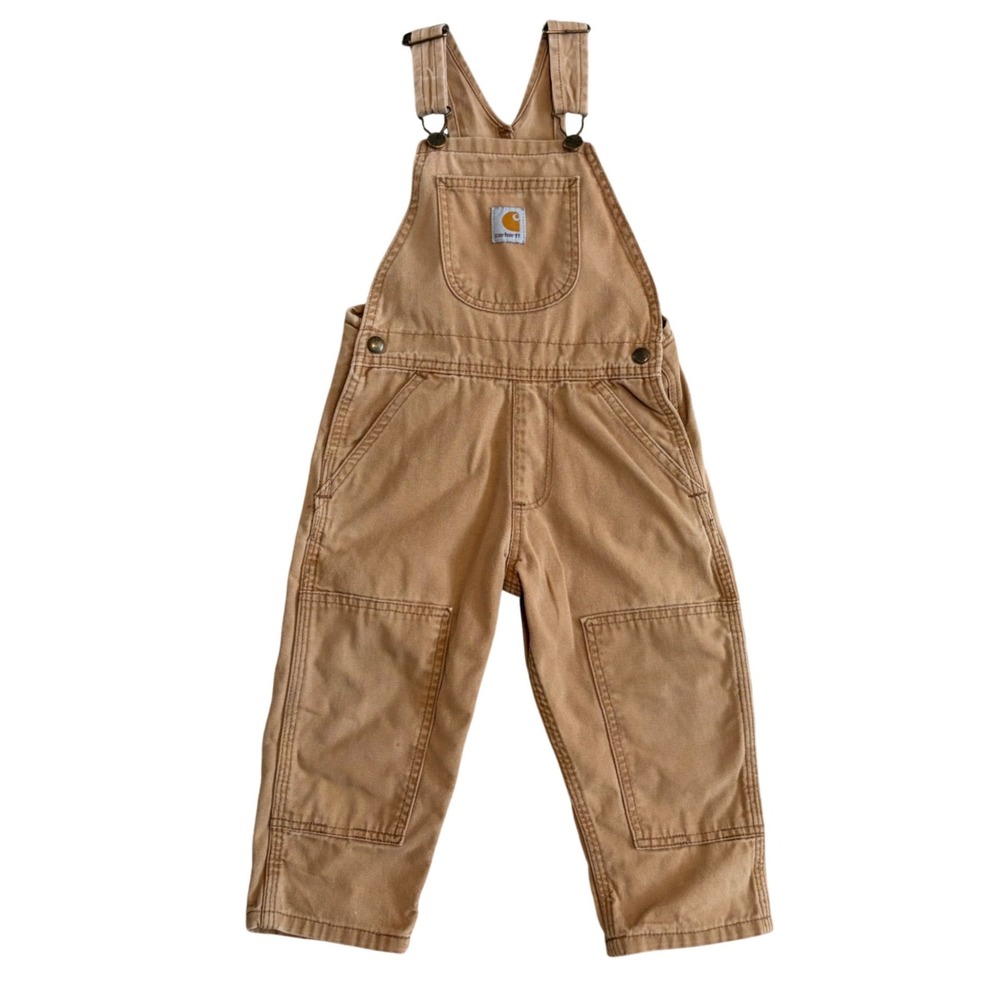CARHARTT 3T Kids Classic Tan Brown Duck Canvas Double Knee Overalls Utility Bibs